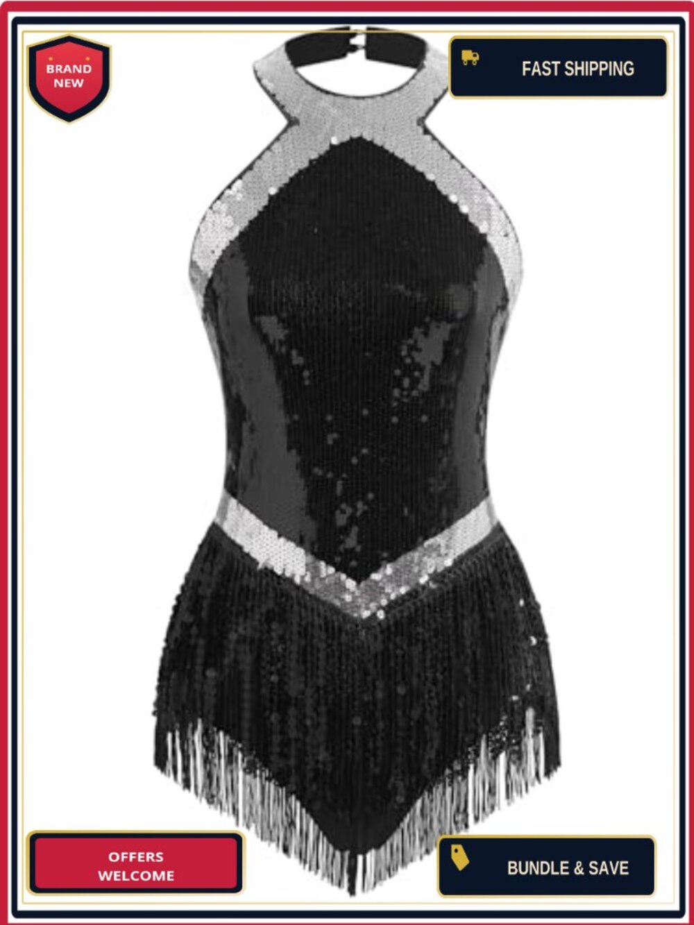 Halter Sequin Fringe Bodysuit Dance Leotard Sleeveless Bodycon